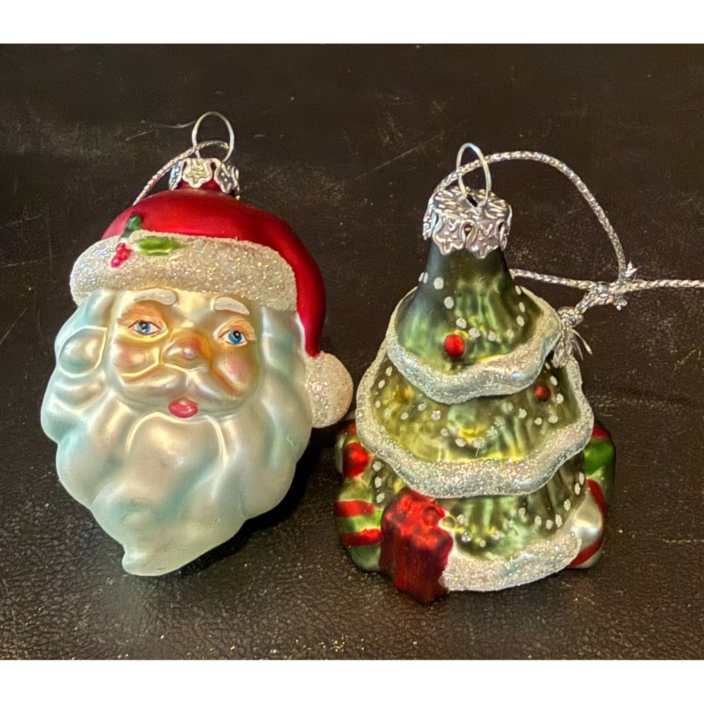 Christmas Holiday Ornaments Multicolor Glass Santa & Tree Set